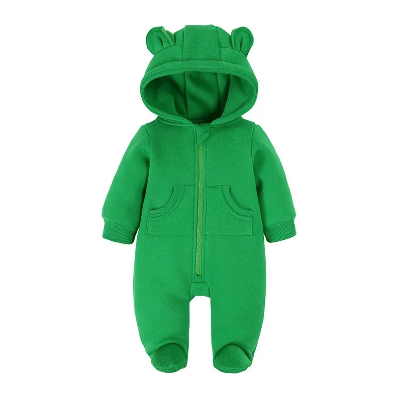 Winter Warm Newborn Romper 0-24M Hooded Bear Pocket Bodysuit Korean Style Unisex