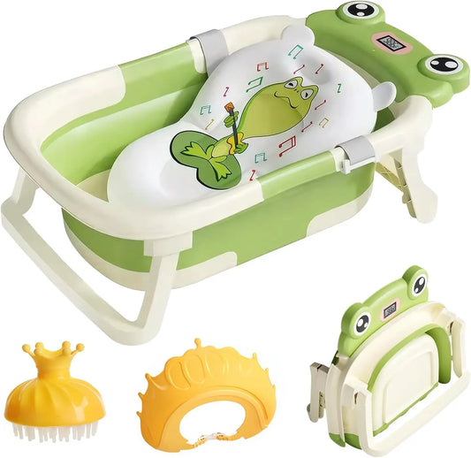 Baby Bath Tub with Bath Cushion Foldable Bathtub with Thermometer Shower Cap and Shower Brush for Newborn and Toddler 0 to 36 Months