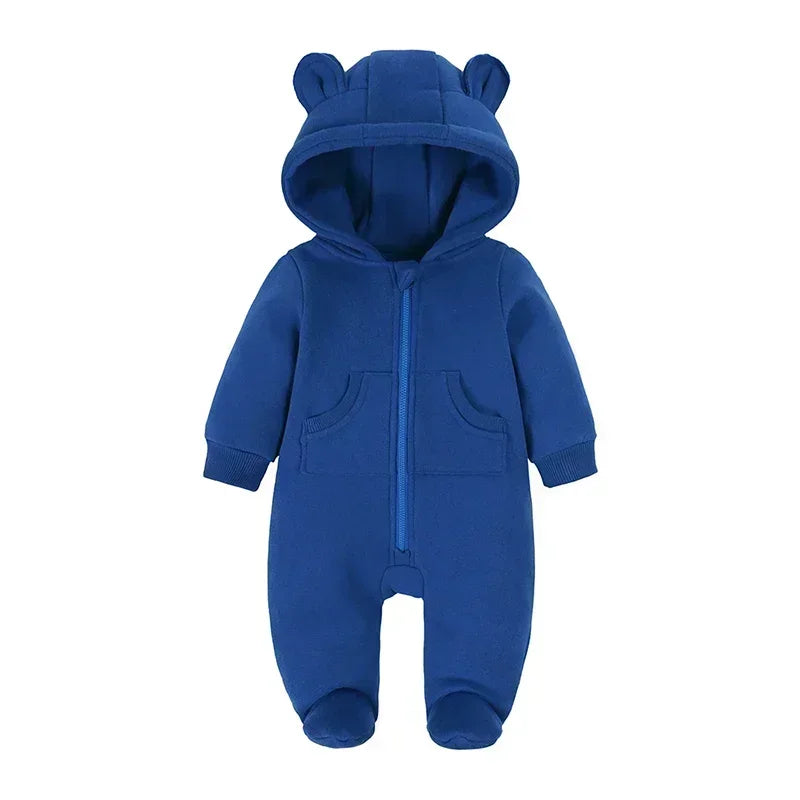 Winter Warm Newborn Romper 0-24M Hooded Bear Pocket Bodysuit Korean Style Unisex