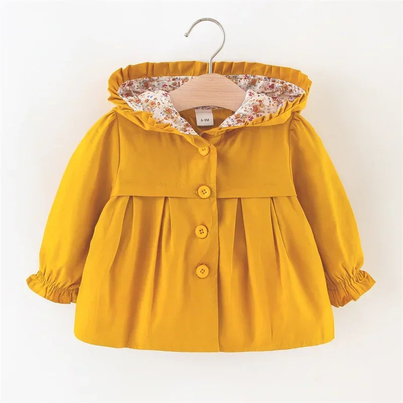 Newborn Baby Girl Hooded Spring and Autumn Solid Color Windbreaker Jacket