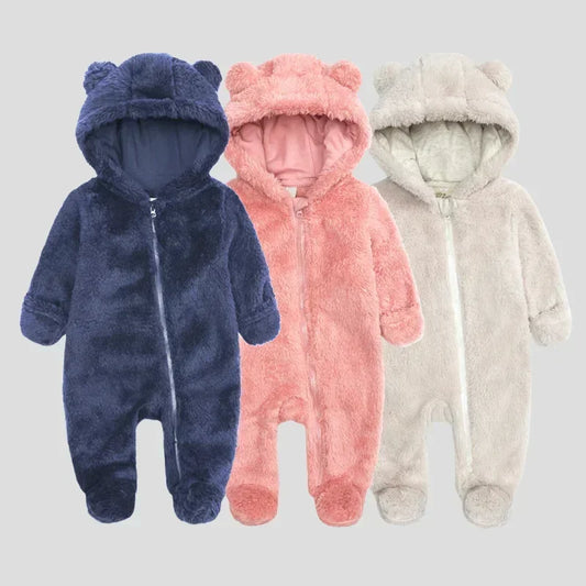Baby Bear Hooded Fleece Onesie Unisex Winter 0 To 12 Months Warm Footed Jumpsuit
