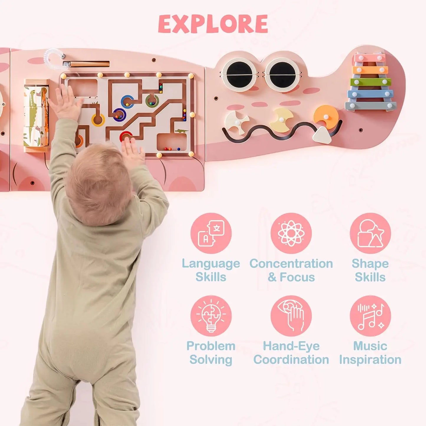 Robotime Robud Wooden Busy Board Montessori Learning Toy Wall Mounted Activity Centre with Gears Maze