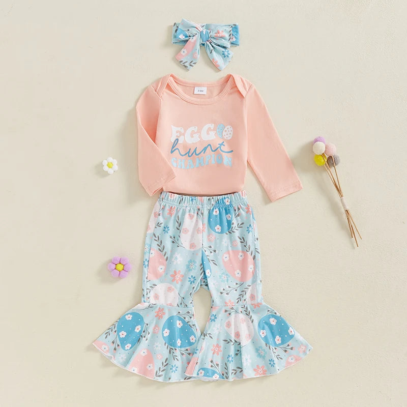 Adorable Baby Girl Easter Outfit With Bunny Print Long Sleeve Romper Flare Pants