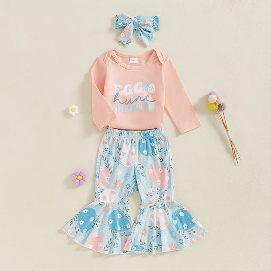 Adorable Baby Girl Easter Outfit With Bunny Print Long Sleeve Romper Flare Pants