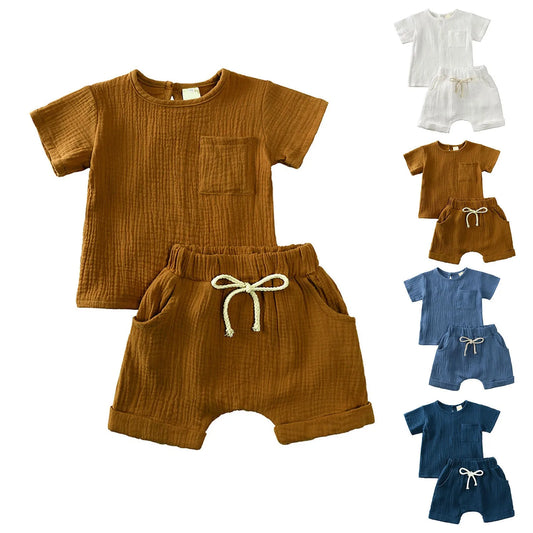 Kids Summer Outfit Set Short Sleeve Top And Shorts Solid Color Polyester