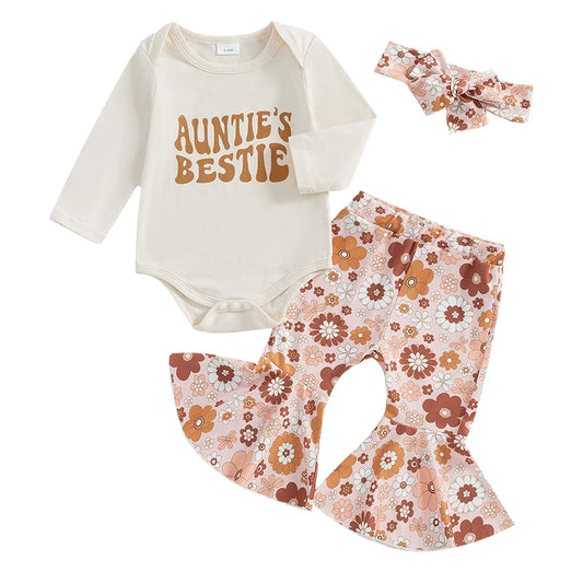 Baby Girl Outfit 3Pcs Set Long Sleeve Romper Flower Print Flare Pants Headband