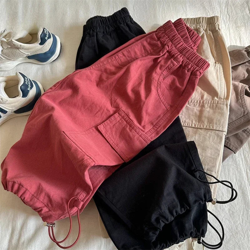 Unisex Kids Cargo Ankle Pants Cotton Loose Fit With Pockets