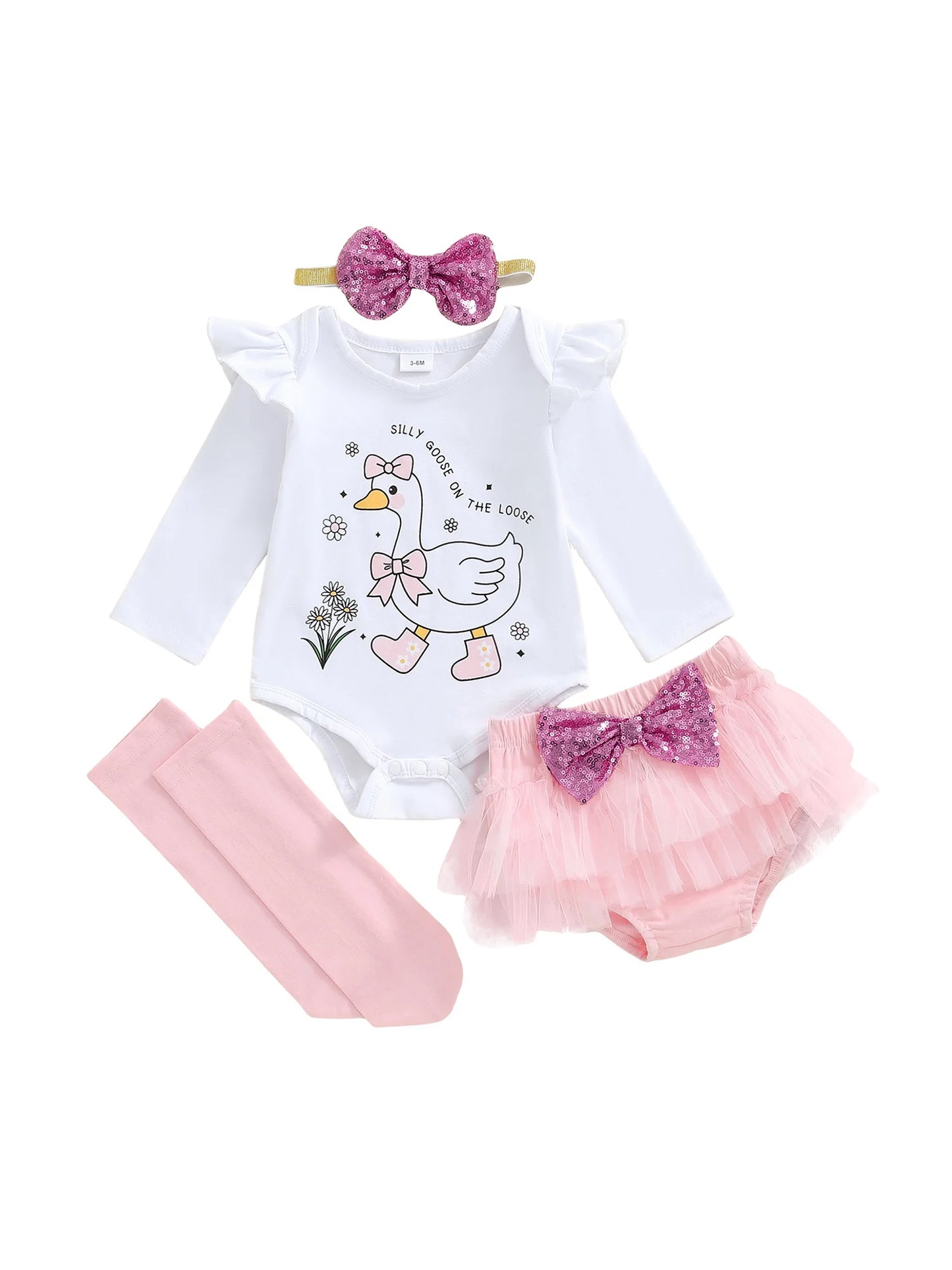 Adorable Baby Girl Outfit Set Romper With Duck Print Tulle Skirt Headband