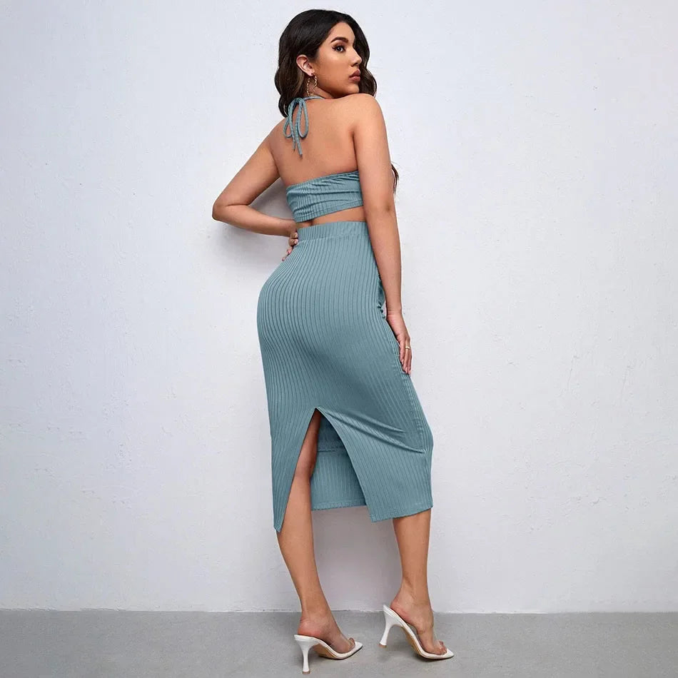 Maternity Knitted Ribbed Suspender Top And Pencil Skirt Set With Adjustable Belt