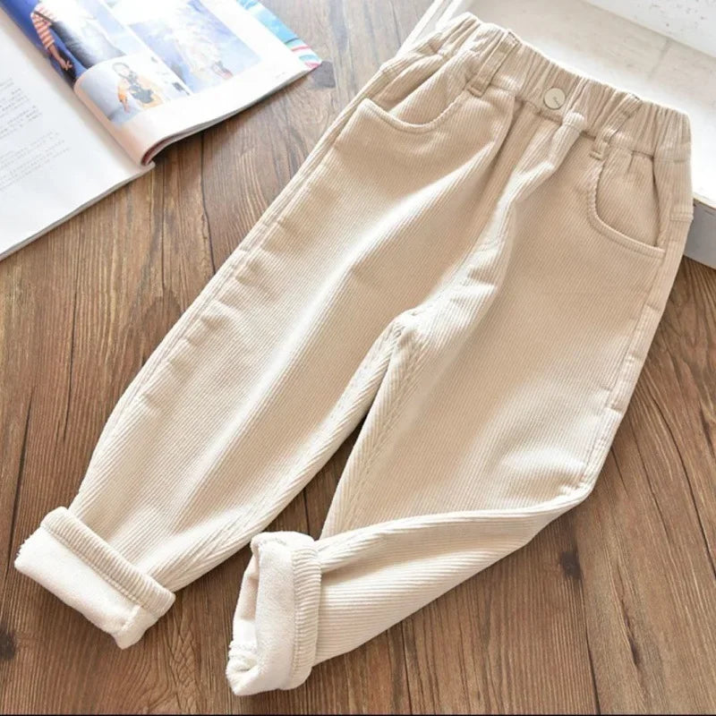 Kids Corduroy Warm Pants For Autumn Winter Unisex High Waist 1 To 9 Years