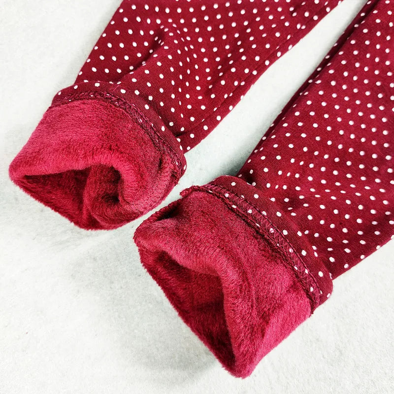 Velvet Dot Leggings For Girls Winter Cotton Stretch Elastic Waist Slim Pants