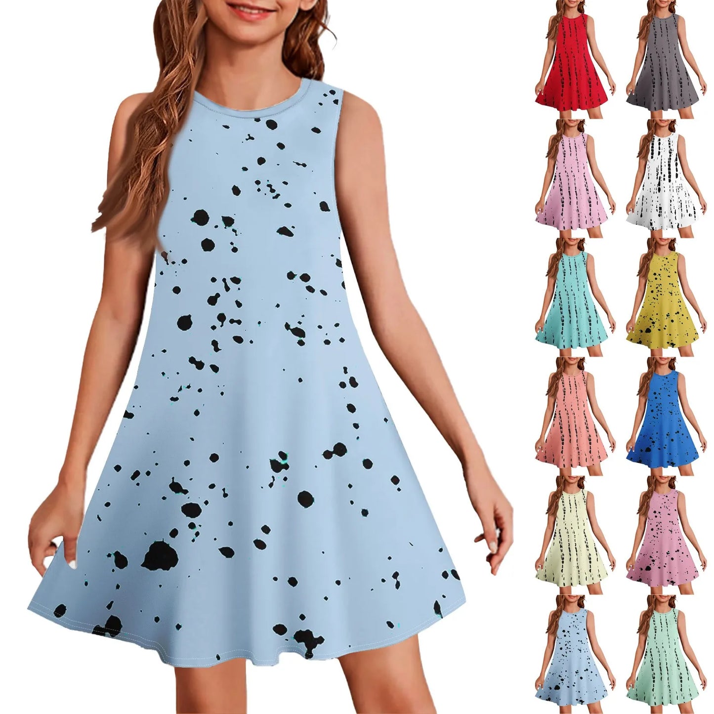 Girls Summer Sleeveless Floral Dress Breathable Knee Length Casual Princess
