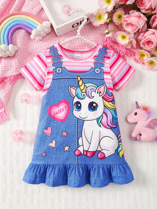 Baby Girl Summer Casual Dress Adorable Unicorn and Heart Print Striped Sleeves Imitation Denim Shoulder Straps Flared Ruffled Hem Machine Washable Lightweight Playwear