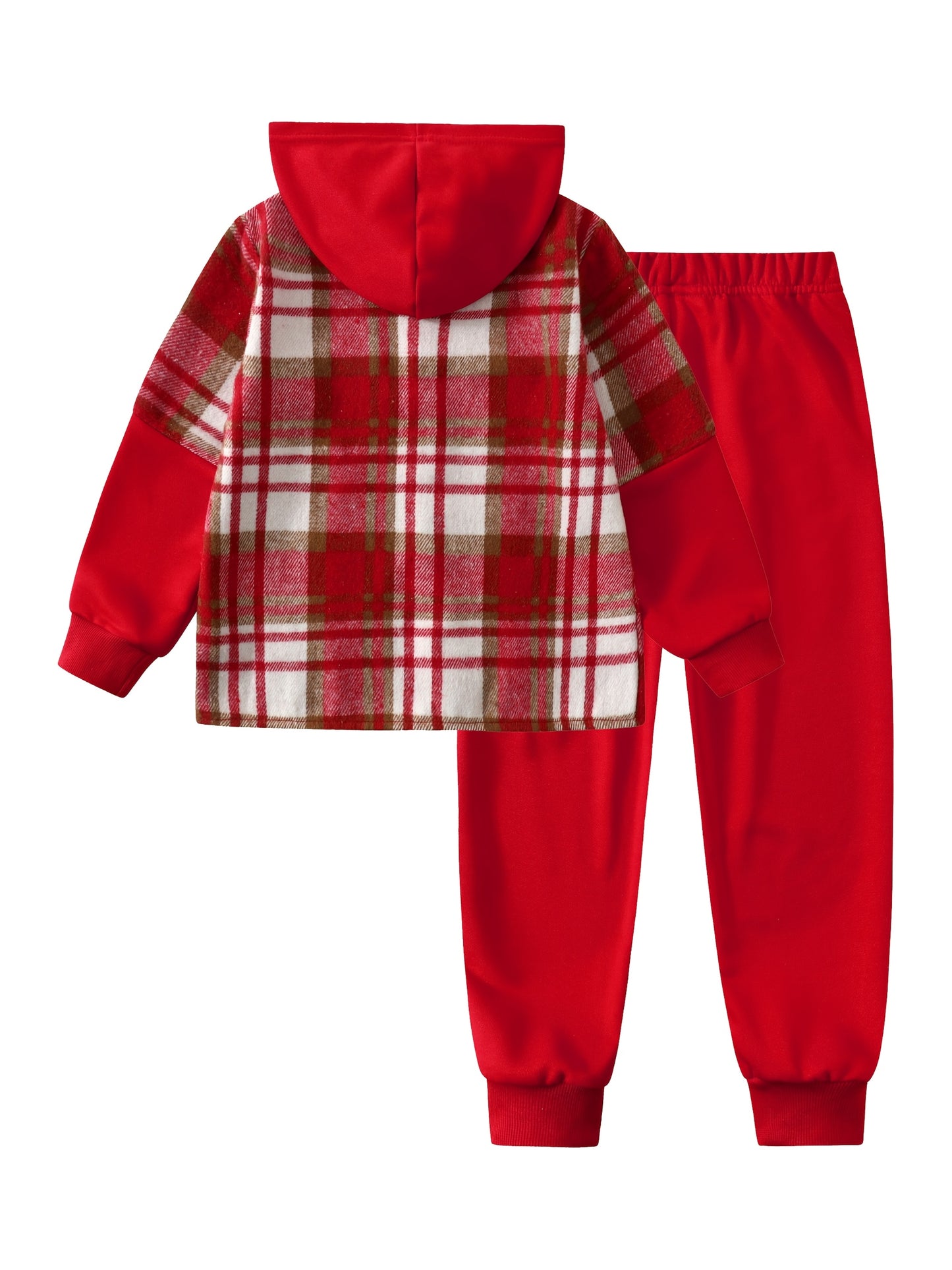 2pcs Fall And Winter Boys Long Sleeved Plaid Cardigan Suit Hooded Jacket And Fashion Work Pants