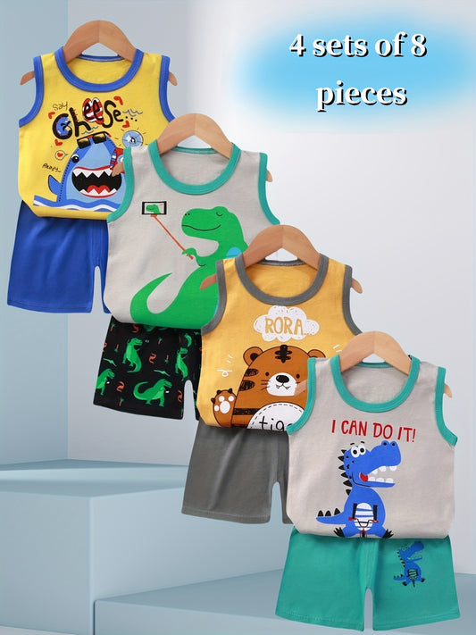 4 Sets Of 8pcs Boy Cartoon Tiger Dinosaur Shark Pattern Vest Shorts Suit Comfortable Soft Breathable For Summer Outdoor Sports