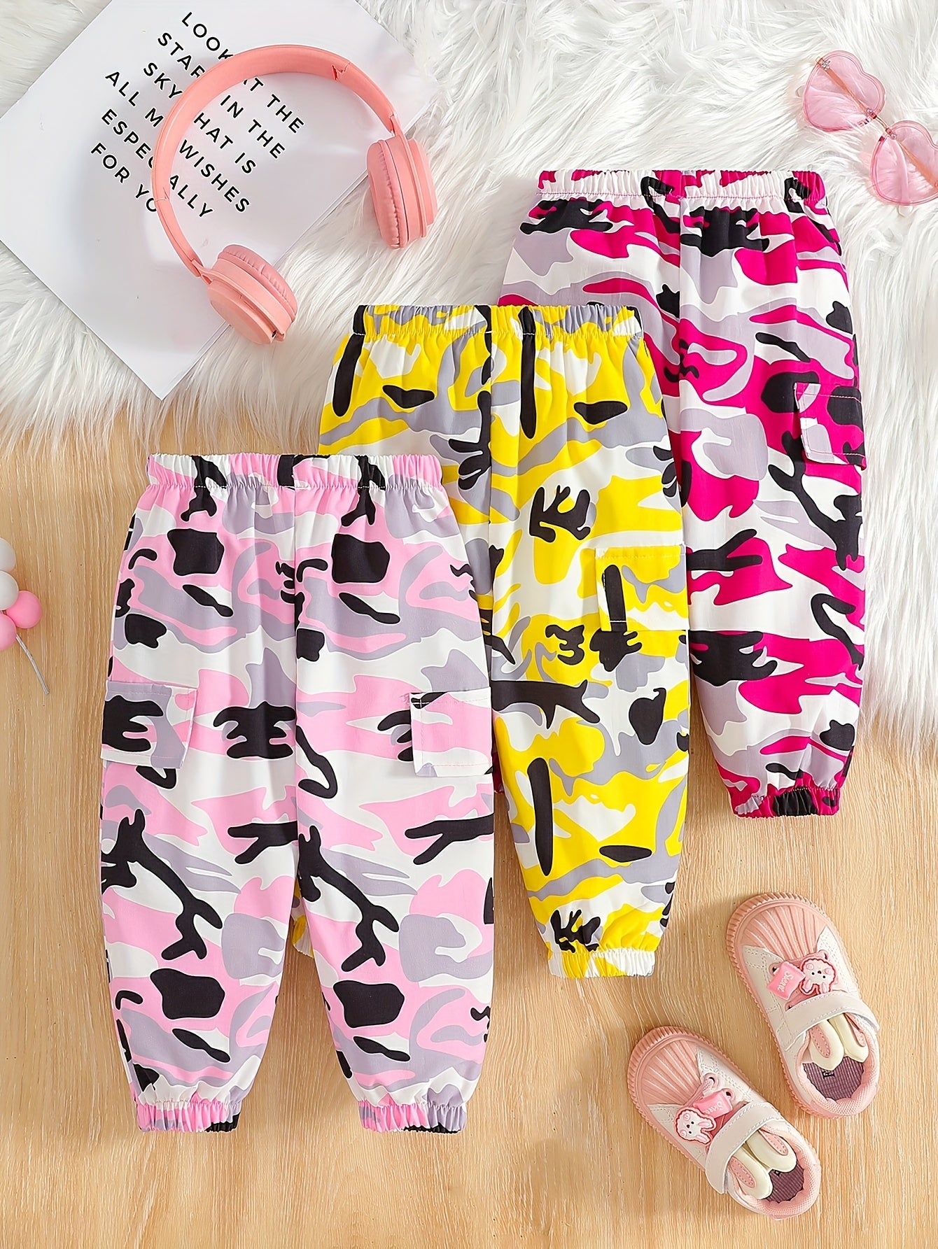 3pcs Combination Suit Girls' Pants, Girl Products, Girls' Clothing, Girl's Spring And Autumn Leisure Loose Fitting Fake Pocket Camouflage Street Workwear Wide Leg Pants Suitable For Going Out, School Gifts, School Season, for