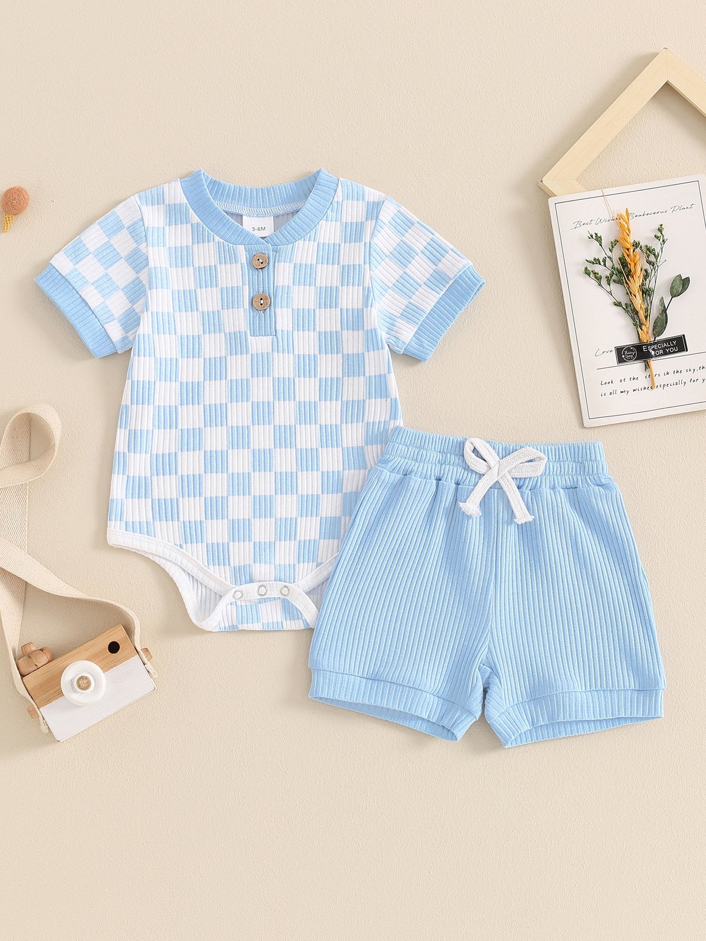 Baby Boys Summer Outfits Checkerboard Buttons Short Sleeve Romper And Shorts 2pcs Clothes Set For Outdoor