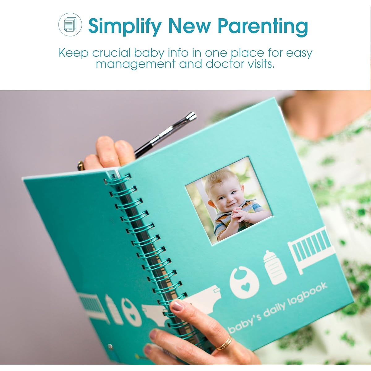 Pearhead Daily Log Book 50 Page Spiral Bound Tracker for Youngsters Nursing Sleep Feeding and Pumping Organizer with Photo Insert Teal Cover Gift for New Moms Durable Spiral