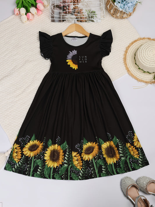 Girls Summer Sunflower Print Dress with Ruffled Sleeves Black and Yellow Floral Pattern Casual Crew Neck Mid Calf Length Fitted Top and Flared Skirt Breathable Polyester Machine Washable