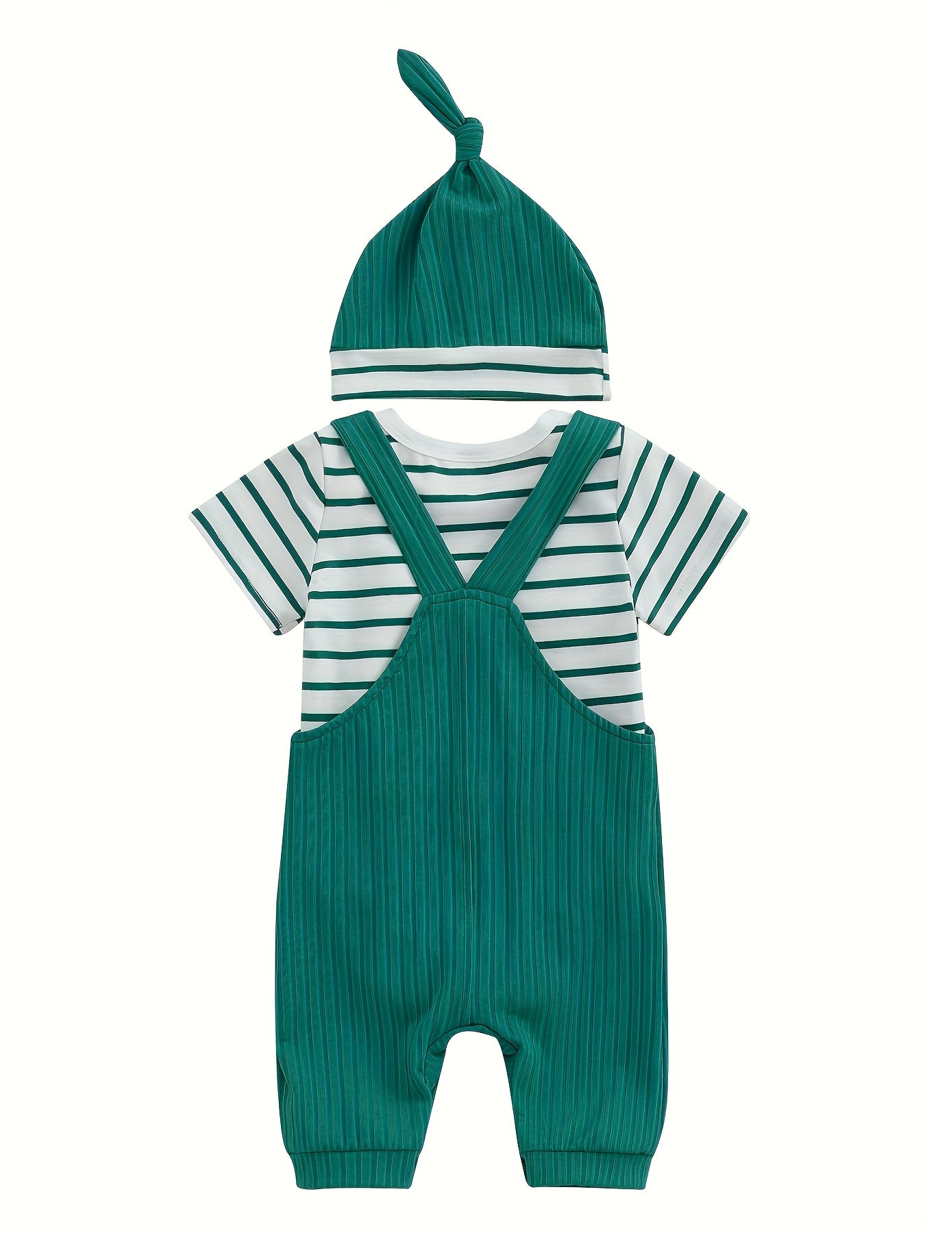 Baby Boys Summer Outfits Stripe Short Sleeve Rompers Suspender Pants Hat 3 Piece Clothes Set for Outdoor Activities