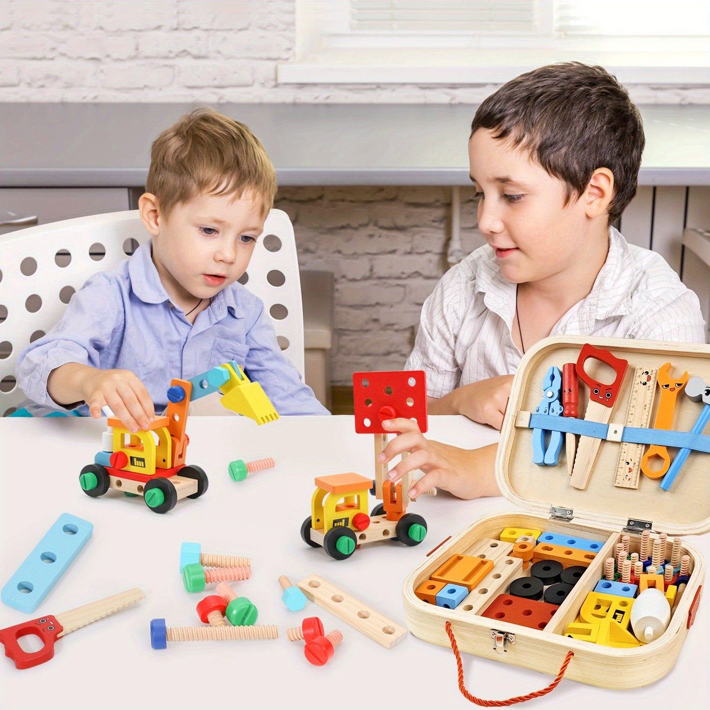 Wtoy Wooden Toolbox Educational Building Blocks Set for Youngsters Fine Motor Skill Development Parent Child Interactive Play Ideal Holiday Gift for Christmas and Kids Day