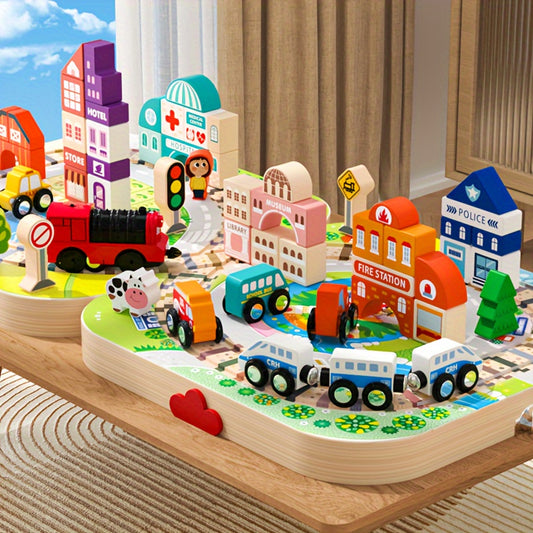 Wooden Magnetic Jigsaw Puzzle Funny City Construction Stacking Blocks Shape Cognition and Fine Motor Skills Training Christmas Birthday Gift for Boys and Girls