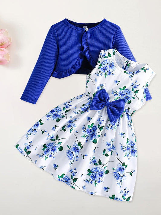 Girl Dress Set Floral Print Round Neck Bow A-Line Tank Dress with Ruffled Ribbed Cardigan