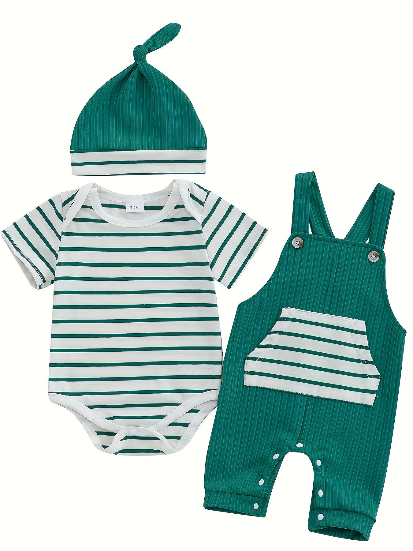 Baby Boys Summer Outfits Stripe Short Sleeve Rompers Suspender Pants Hat 3 Piece Clothes Set for Outdoor Activities