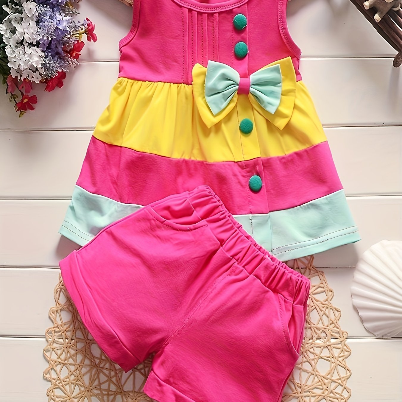 Baby Girl Fashion Summer Bow Patchwork Vest Shorts Two Piece Set Western Style Outfits Perfect for Outdoor