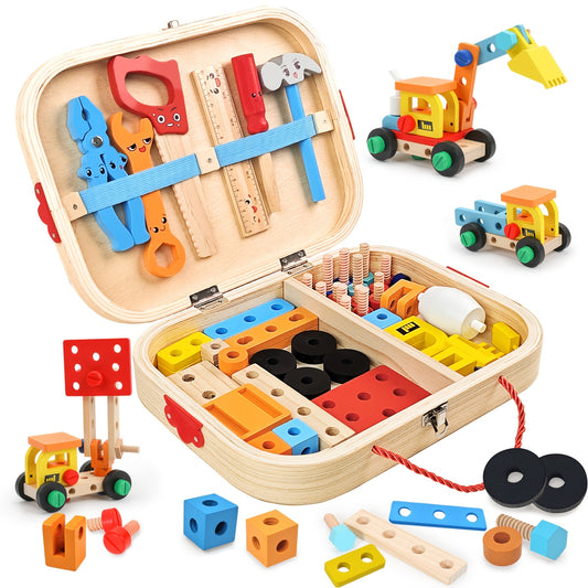 Wtoy Wooden Toolbox Educational Building Blocks Set for Youngsters Fine Motor Skill Development Parent Child Interactive Play Ideal Holiday Gift for Christmas and Kids Day