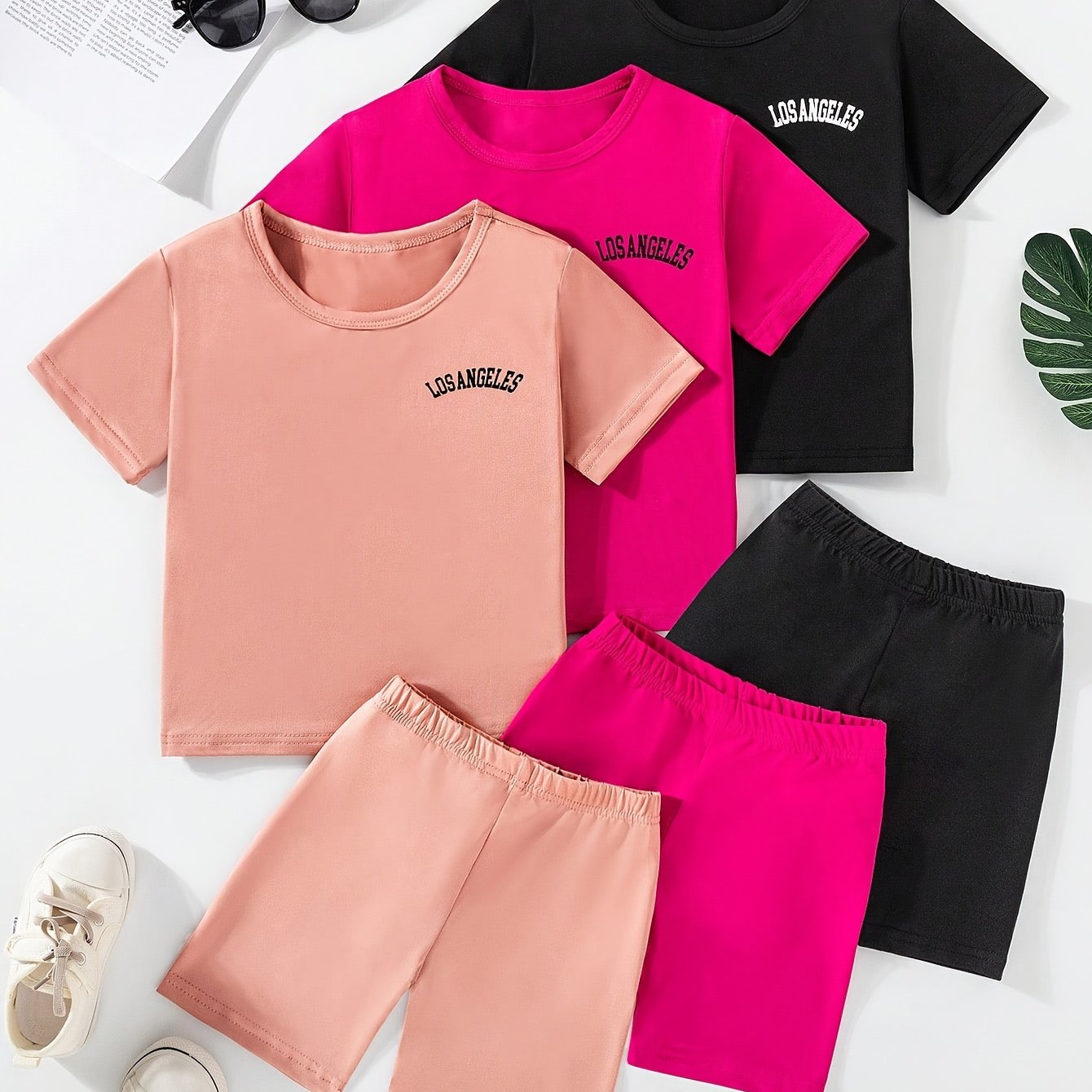 3 Sets Toddler Girls Outfits Los Angeles Letter Print Short Sleeve T Shirt Tops Casual Shorts Set Comfy Versatile Summer Sets