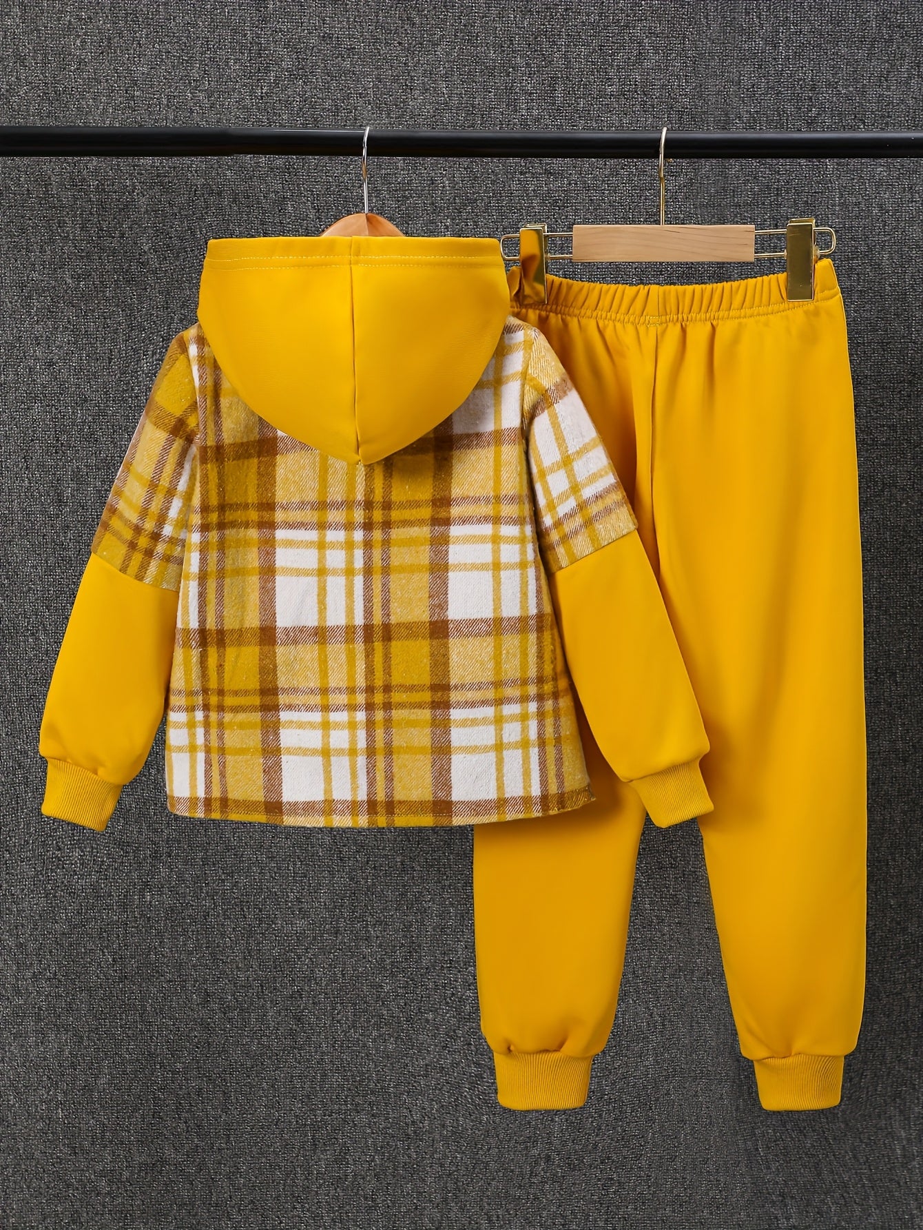 2pcs Fall And Winter Boys Long Sleeved Plaid Cardigan Suit Hooded Jacket And Fashion Work Pants