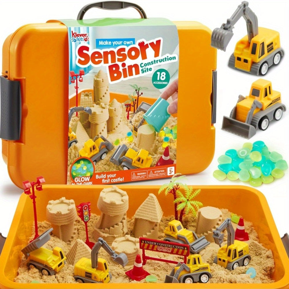 DIY Construction Sensory Bin for Toddlers with Glow in The Dark Stones Sandbox with Lid Castle Building Kit Preschool Learning Activities Gifts for Boys and Girls Age 3 and Up