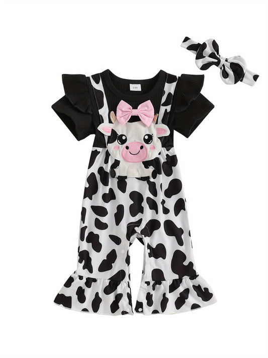 Baby Girl 2pcs Spring Outfit Short Sleeve Round Neck Cow Embroidery Jumpsuit with Headband Set Newborn Clothes for Outdoor