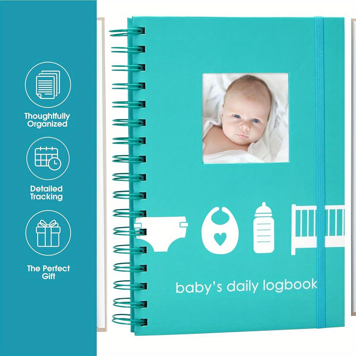 Pearhead Daily Log Book 50 Page Spiral Bound Tracker for Youngsters Nursing Sleep Feeding and Pumping Organizer with Photo Insert Teal Cover Gift for New Moms Durable Spiral