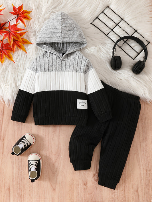 [Comfortable Hoodie Set] Color-Blocked Plush Striped Hoodie And Long-Sleeve Top with Pants Set for Baby Boys | New, Comfortable, for Spring And Autumn, Outdoor