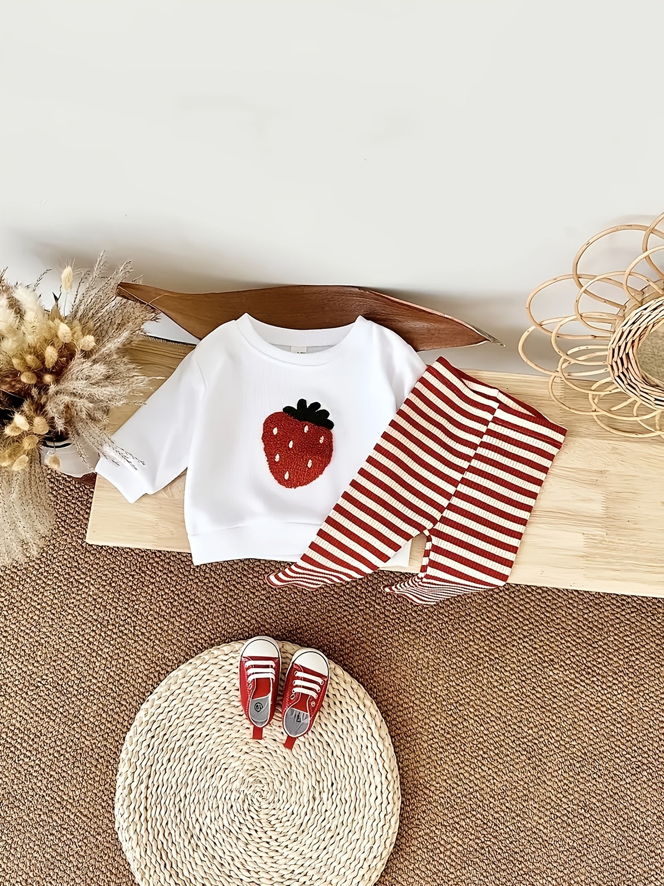 2pcs Set For Girls Featuring A Sweet And Cute Strawberry Pattern - Long Sleeve Round Neck Pullover And Striped Long Pants, Trendy Children'S Outfit For Girls, Autumn Kids' Clothing, Baby Girl Outfits, Toddler Girls' Clothing,