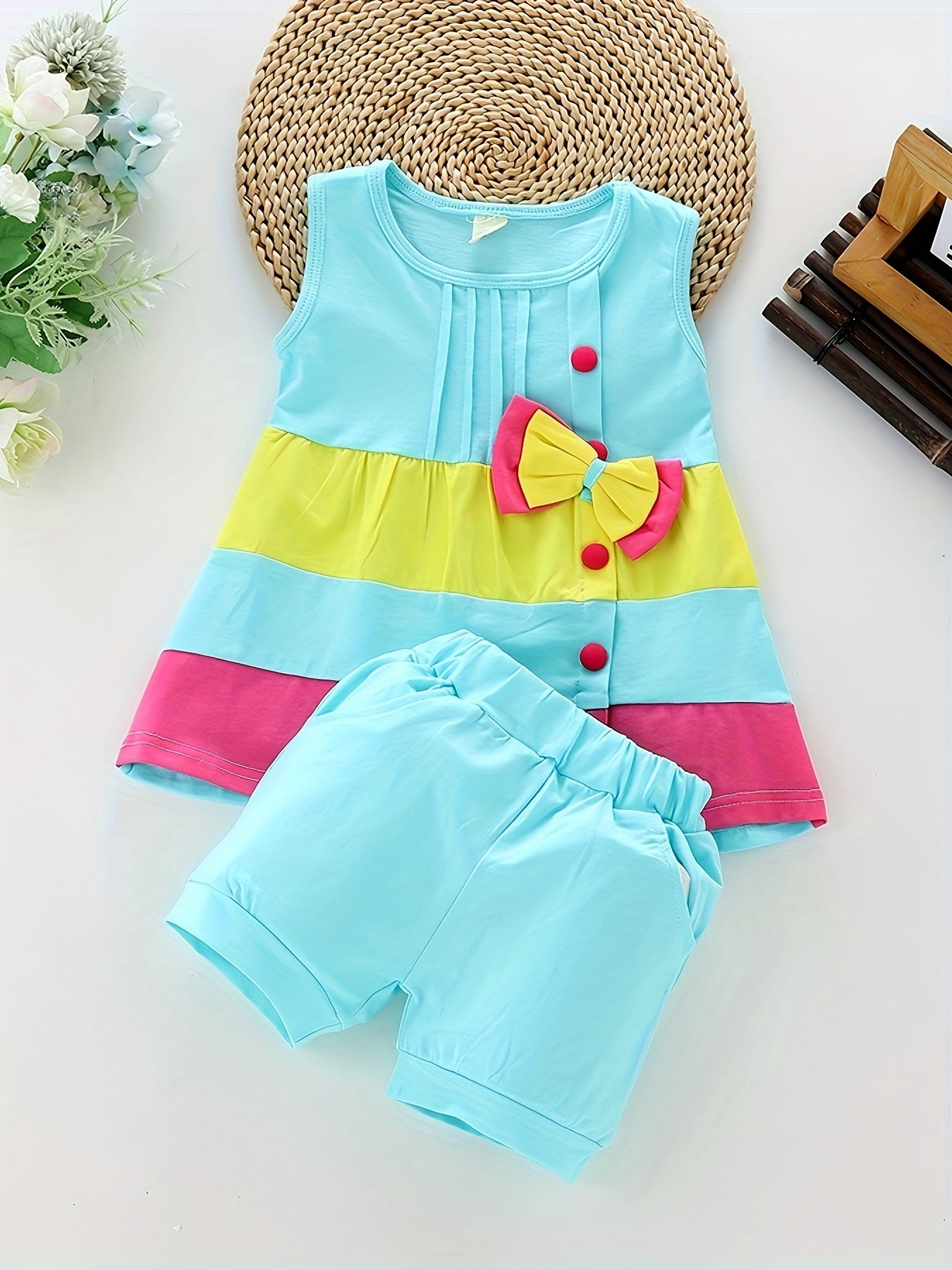 Baby Girl Fashion Summer Bow Patchwork Vest Shorts Two Piece Set Western Style Outfits Perfect for Outdoor