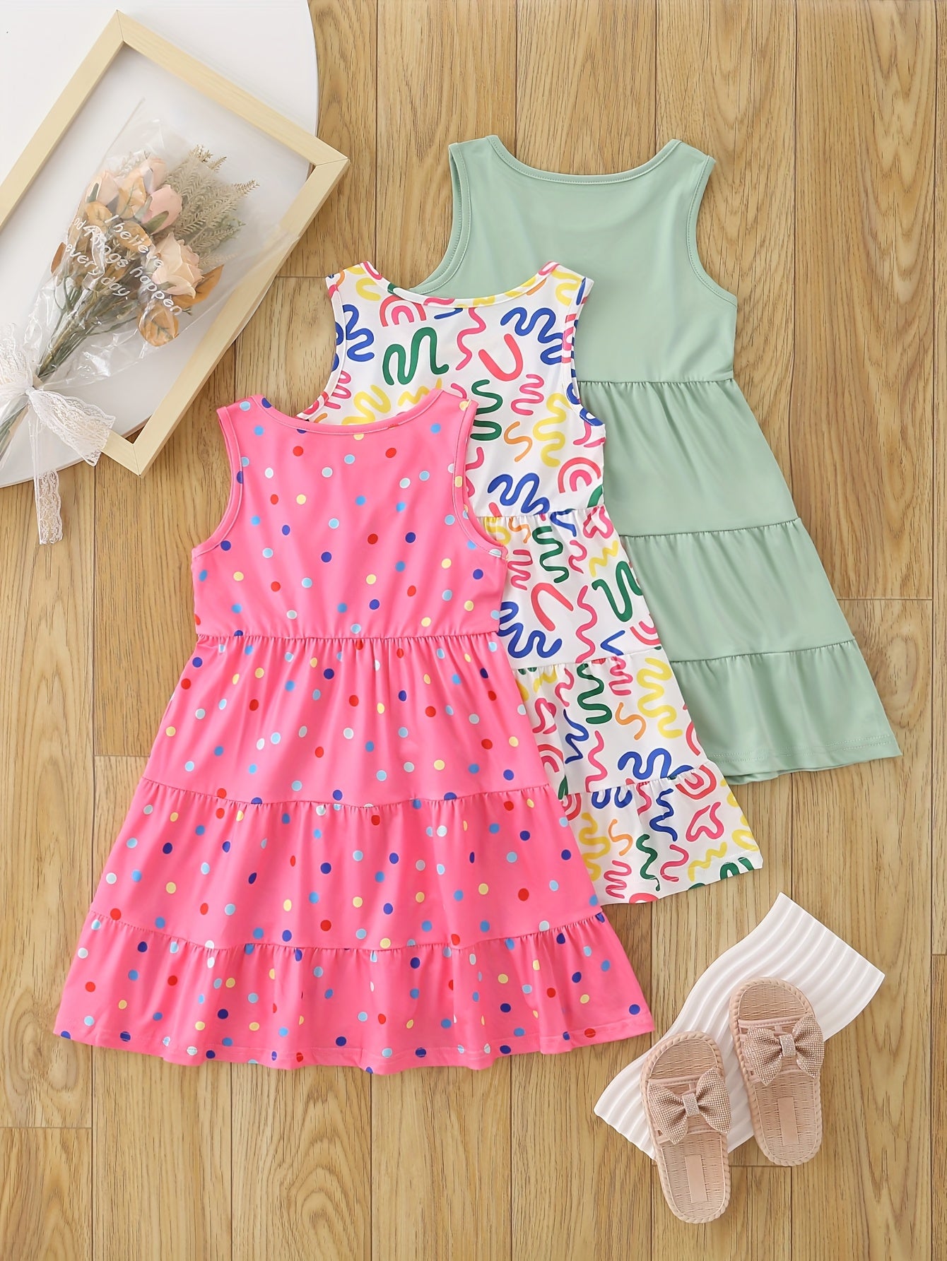 3 Pack Summer Girls Sleeveless Dresses Easter Holiday Gift Party Chic Peplum Casual Dresses for Kids