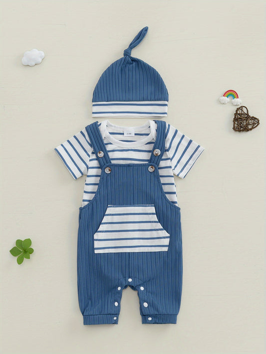 Baby Boys Summer Outfits Stripe Short Sleeve Rompers Suspender Pants Hat 3 Piece Clothes Set for Outdoor Activities
