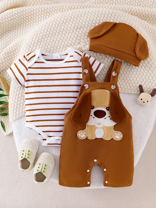 Baby Boy Clothes Short Sleeved Cute Cartoon Romper Shorts And Hat Overalls Suspender Set For Boys 0 To 18 Months Outdoor Use