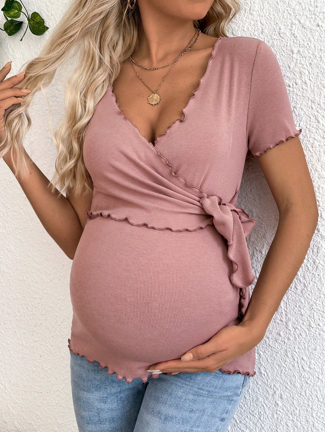 Womens Maternity Pink V Neck Short Sleeve Top Stretchy Casual Summer Shirt with Ruffled Detail Comfortable Pregnancy Wear for Breastfeeding and Casual Attire