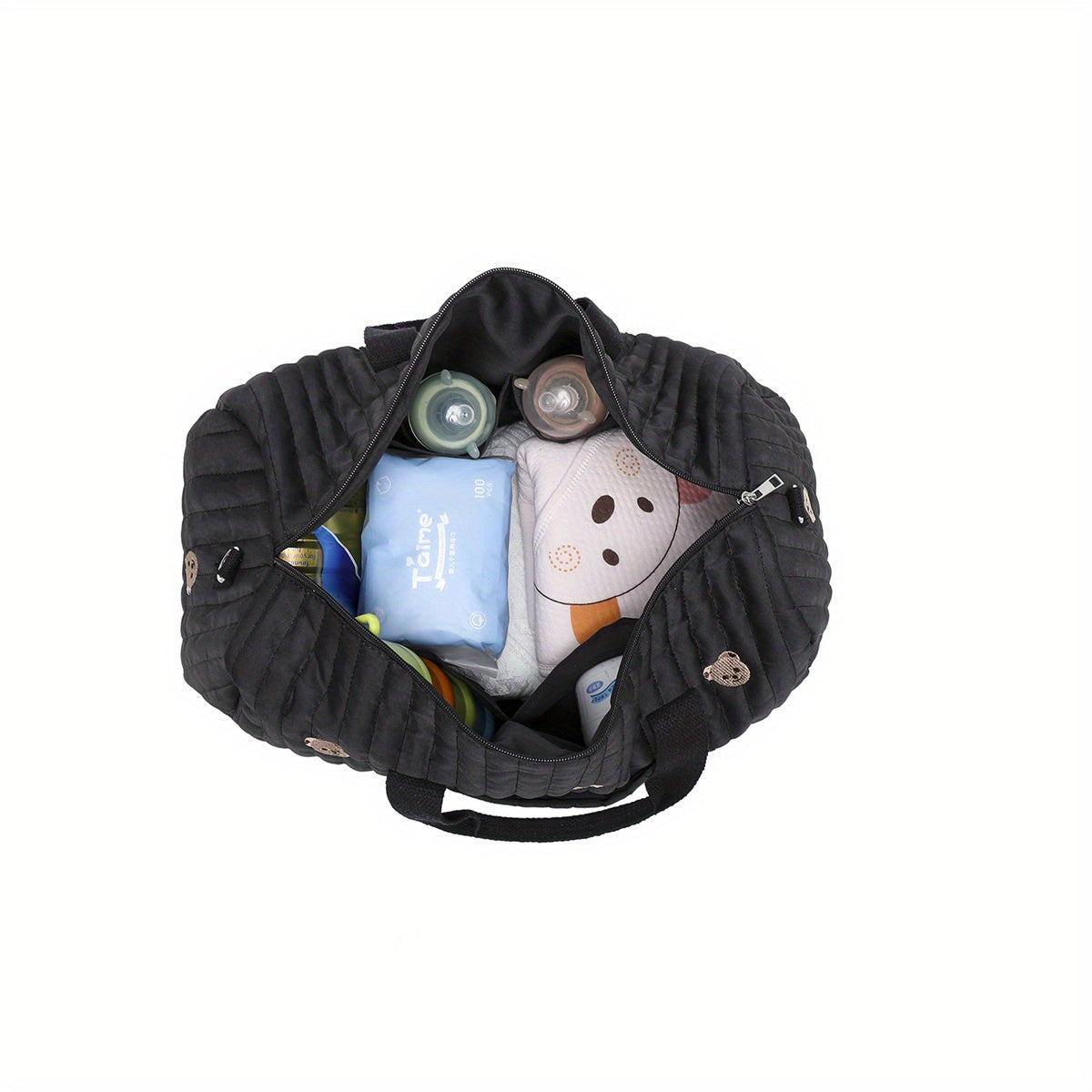 Large Mommy Bag Durable Polyester Large Capacity Embroidered Black Teddy Bear Multi Functional Storage Portable Crossbody Design Everyday Carry Bag Playful Design Sturdy Handle Diaper Bag