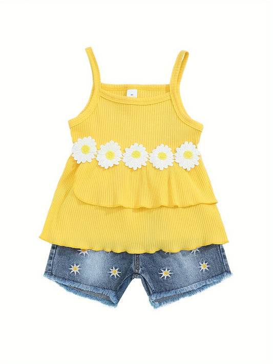 Ruffle Girl Summer Ruffle Floral Toddler Girls Clothes Sleeveless Tops Denim Shorts Set
