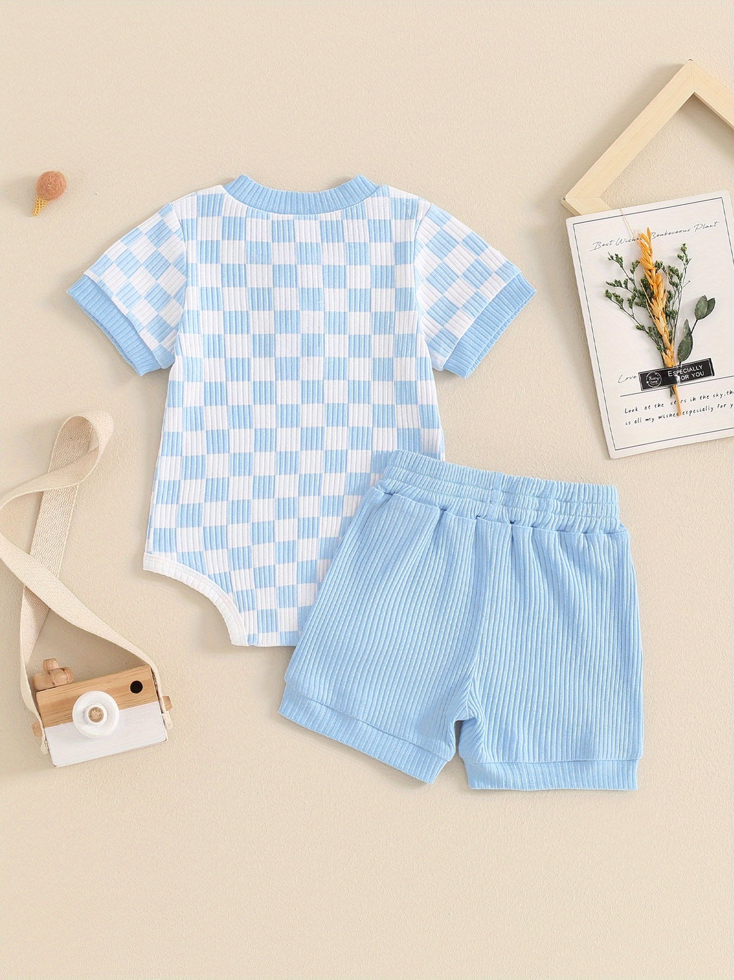 Baby Boys Summer Outfits Checkerboard Buttons Short Sleeve Romper And Shorts 2pcs Clothes Set For Outdoor