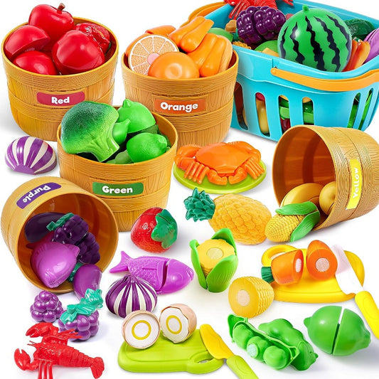 Learning Toys Play Food Set for Kids Cutting Food Toy for Preschool Activities Pretend Play Kitchen Accessories Color Sorting Toys for Boys and Girls Educational Daycare Toys