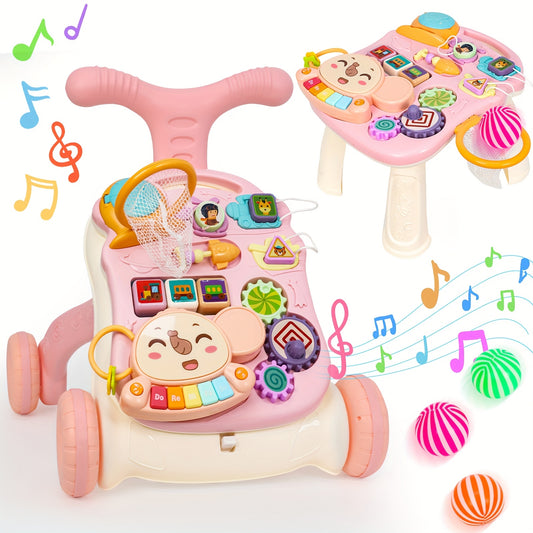 5 in 1 Baby Walker with Music Sit to Stand Early Learning Balance Bike Push Walker Movable Table Detachable Panel for Boys and Girls Ages 12 to 36 Months